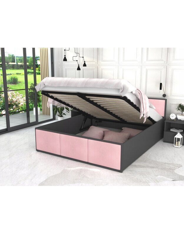 "PANAMA" rožinė/juoda lova su čiužiniu 140x200 cm