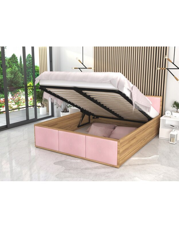 "PANAMA" rožinė/ąžuolo spalvos lova su čiužiniu 140x200 cm
