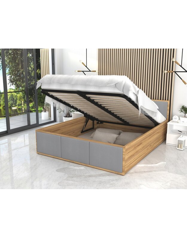 "PANAMA" pilka/ąžuolinė lova su čiužiniu 140x200 cm