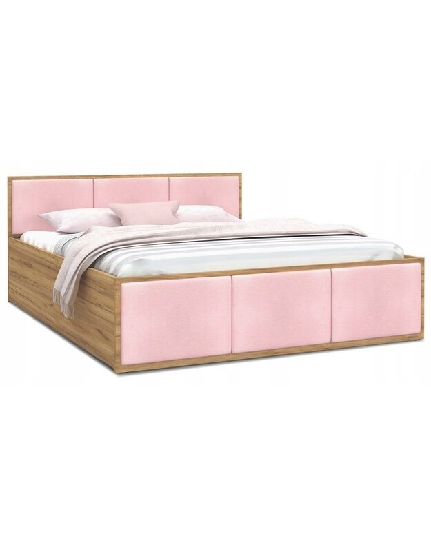 "PANAMA" rožinė/ąžuolo spalvos lova su čiužiniu 140x200 cm