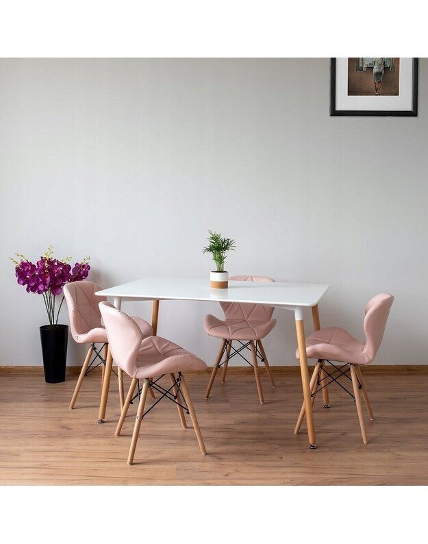 Baltas virtuvinis stalas 120x80 cm + 4 rožinės kėdės