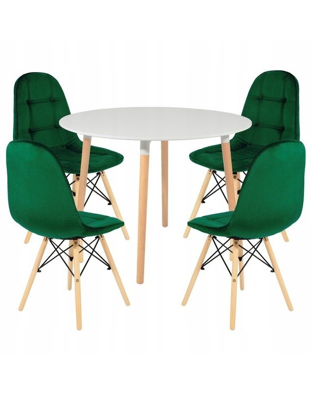 Baltas 80 cm stalas + 4 žalios kėdės