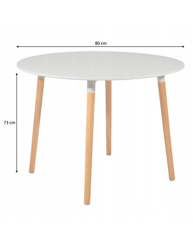 Baltas 80 cm stalas + 4 rudos kėdės