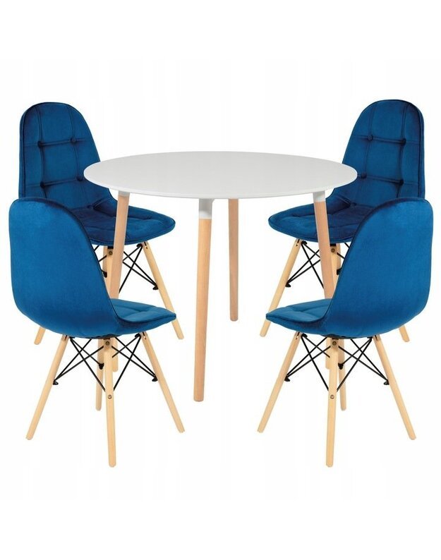 Baltas 80 cm stalas + 4 mėlynos kėdės
