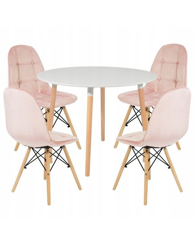 Baltas 80 cm stalas + 4 rožinės kėdės