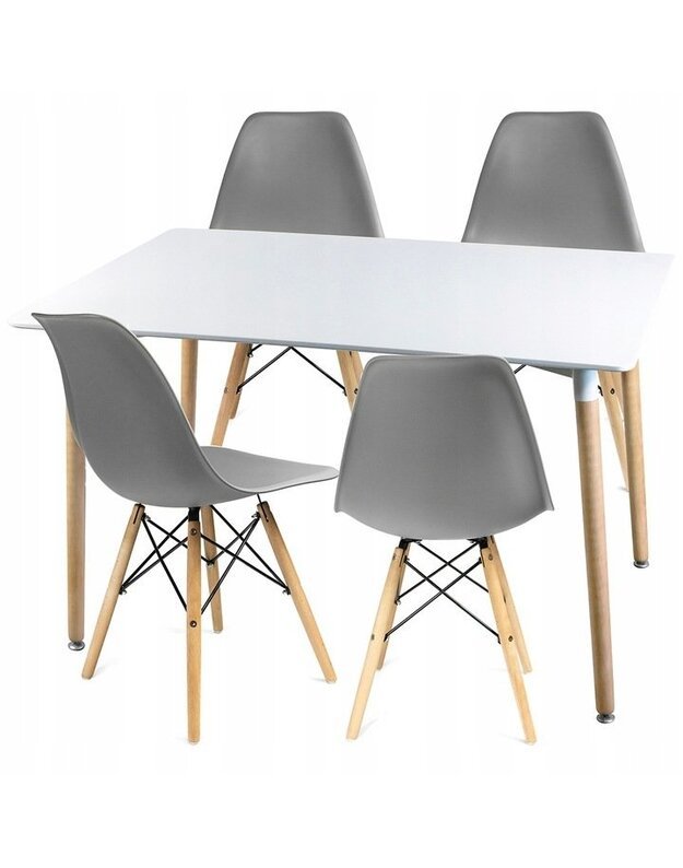 Baltas stalas + 4 pilkos kėdės 