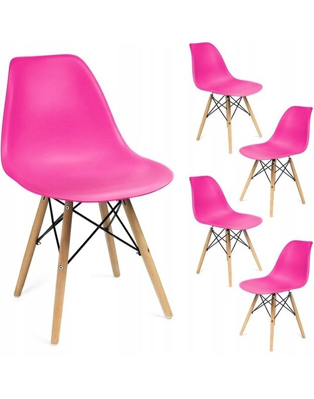 Baltas stalas + 4 rožinės kėdės