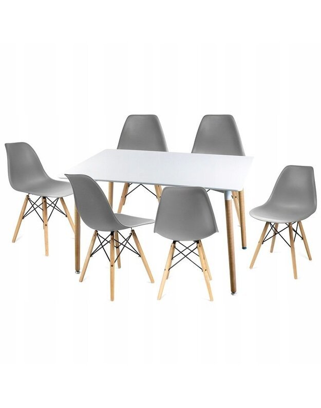 Baltas stalas + 6 pilkos kėdės 