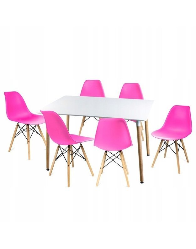 Baltas stalas + 6 rožinės kėdės 
