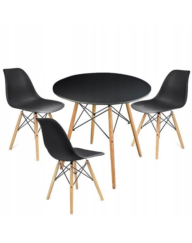 Juodas apvalus stalas + 3 juodos kėdės