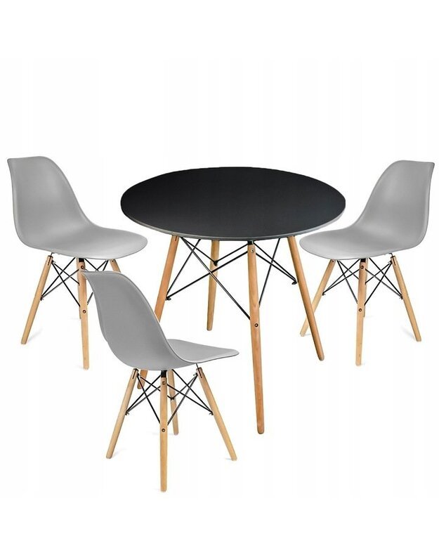 Juodas apvalus stalas + 3 pilkos kėdės