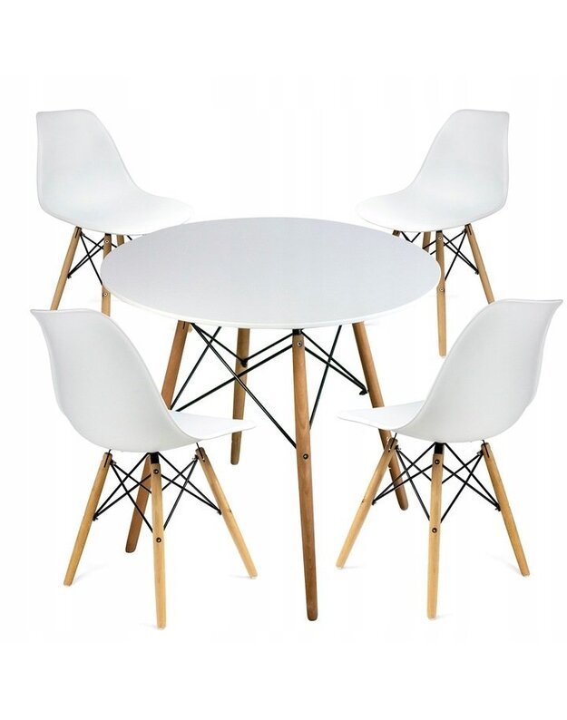 Baltas apvalus stalas + 4 baltos kėdės