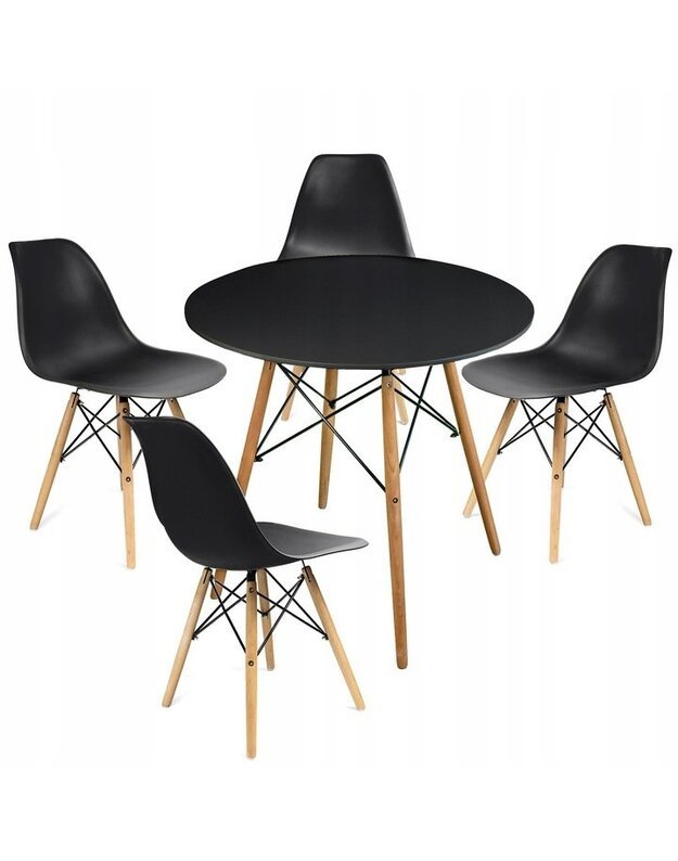 Juodas apvalus stalas + 4 juodos kėdės