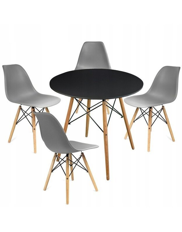 Juodas apvalus stalas + 4 pilkos kėdės