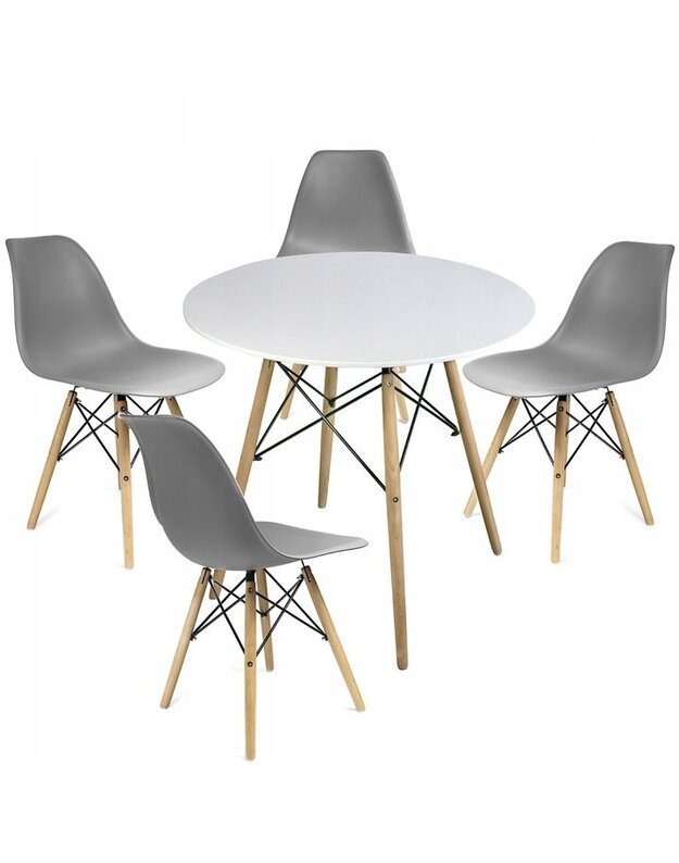 Baltas apvalus stalas + 4 pilkos kėdės