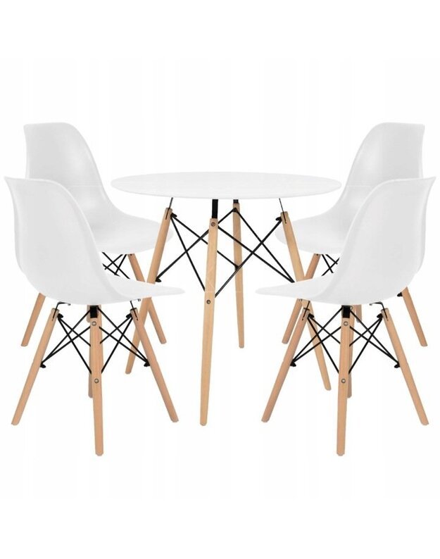 Baltas stalas 80 cm + 4 baltos kėdės 