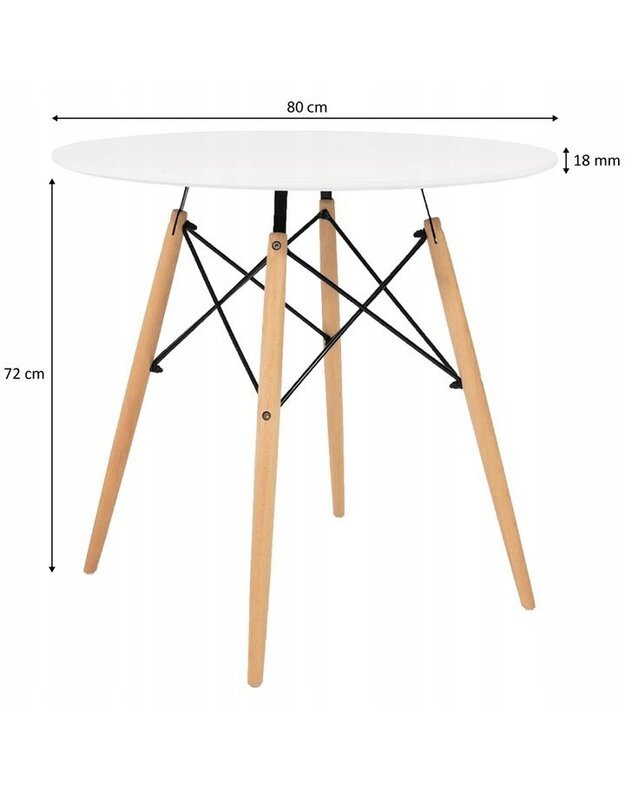 Baltas stalas 80 cm + 4 juodos kėdės 