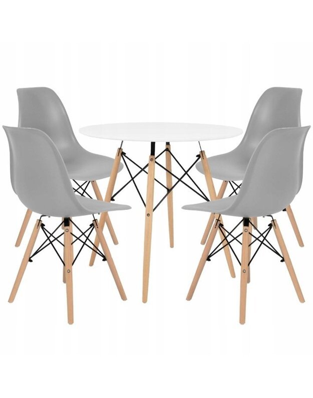 Baltas stalas 80 cm + 4 pilkos kėdės 