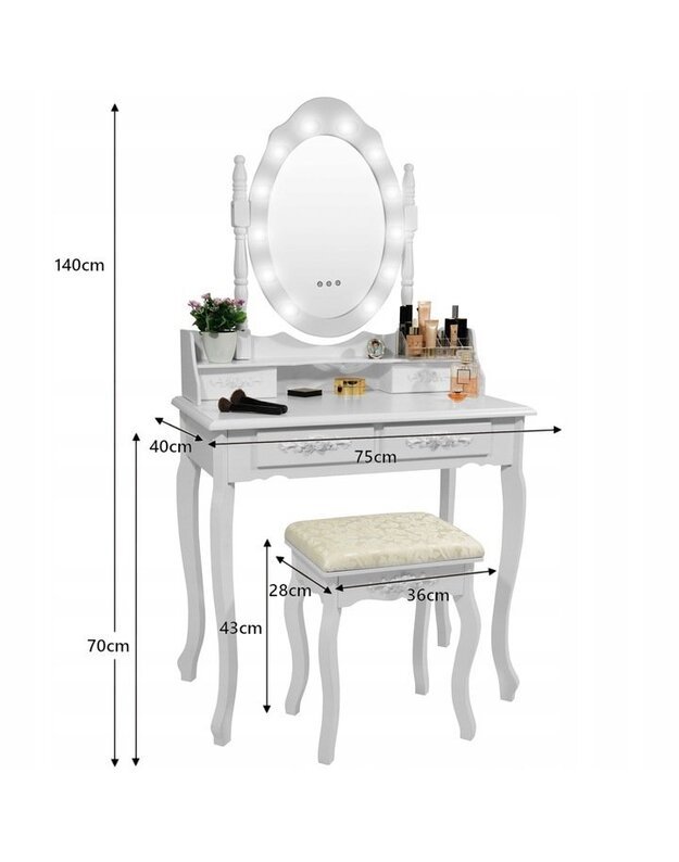 "Eurostyle" baltas kosmetinis staliukas su veidrodžiu 40x75x138 cm