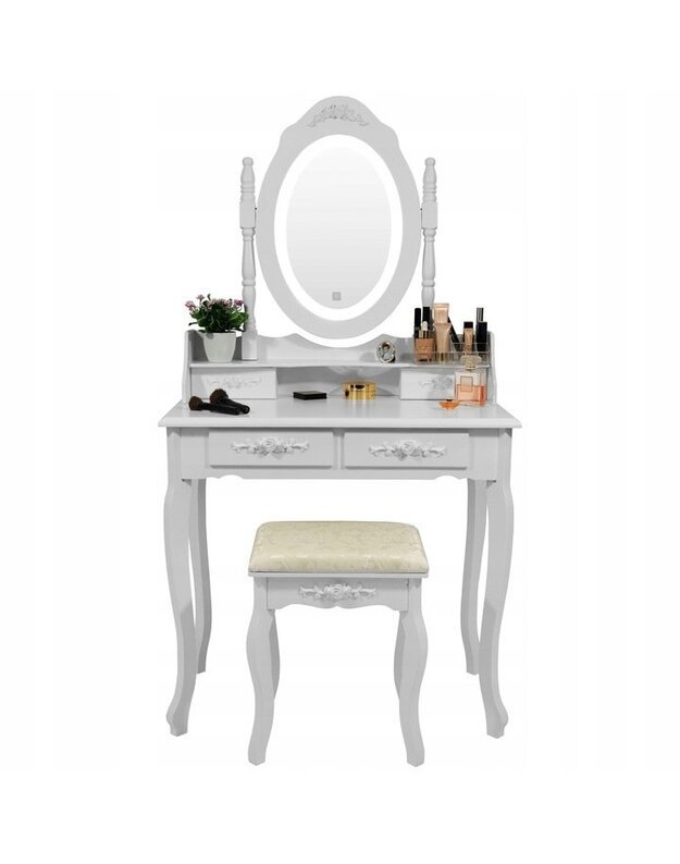 Baltas kosmetinis staliukas su veidrodžiu + taburetė