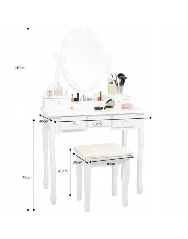Baltas kosmetinis staliukas su veidrodžiu + taburetė