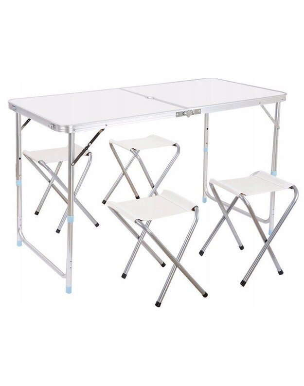 Baltas sulankstomas turistinis stalas + 4 kėdės