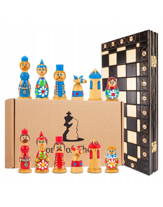 BABUSHKA raudoni ir mėlyni mediniai šachmatai 40x40 cm 