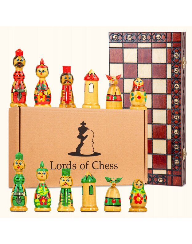 BABUSHKA raudoni ir žali mediniai šachmatai 40x40 cm