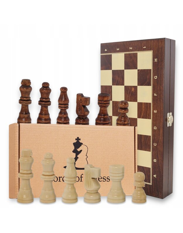 Klasikiniai tamsiai rudi mediniai šachmatai 48x48 cm