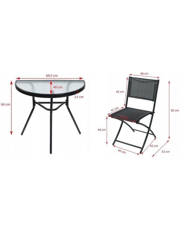 JUMI OM-710313 stiklinis balkono stalas + 2 juodos kėdės